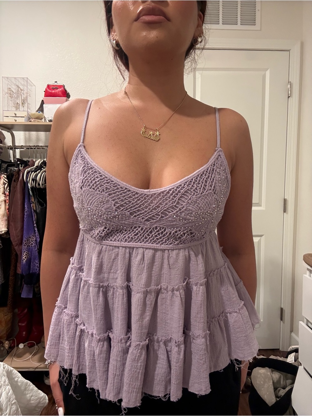 Lavender Crochet Tiered Spaghetti-Strap Top - Women